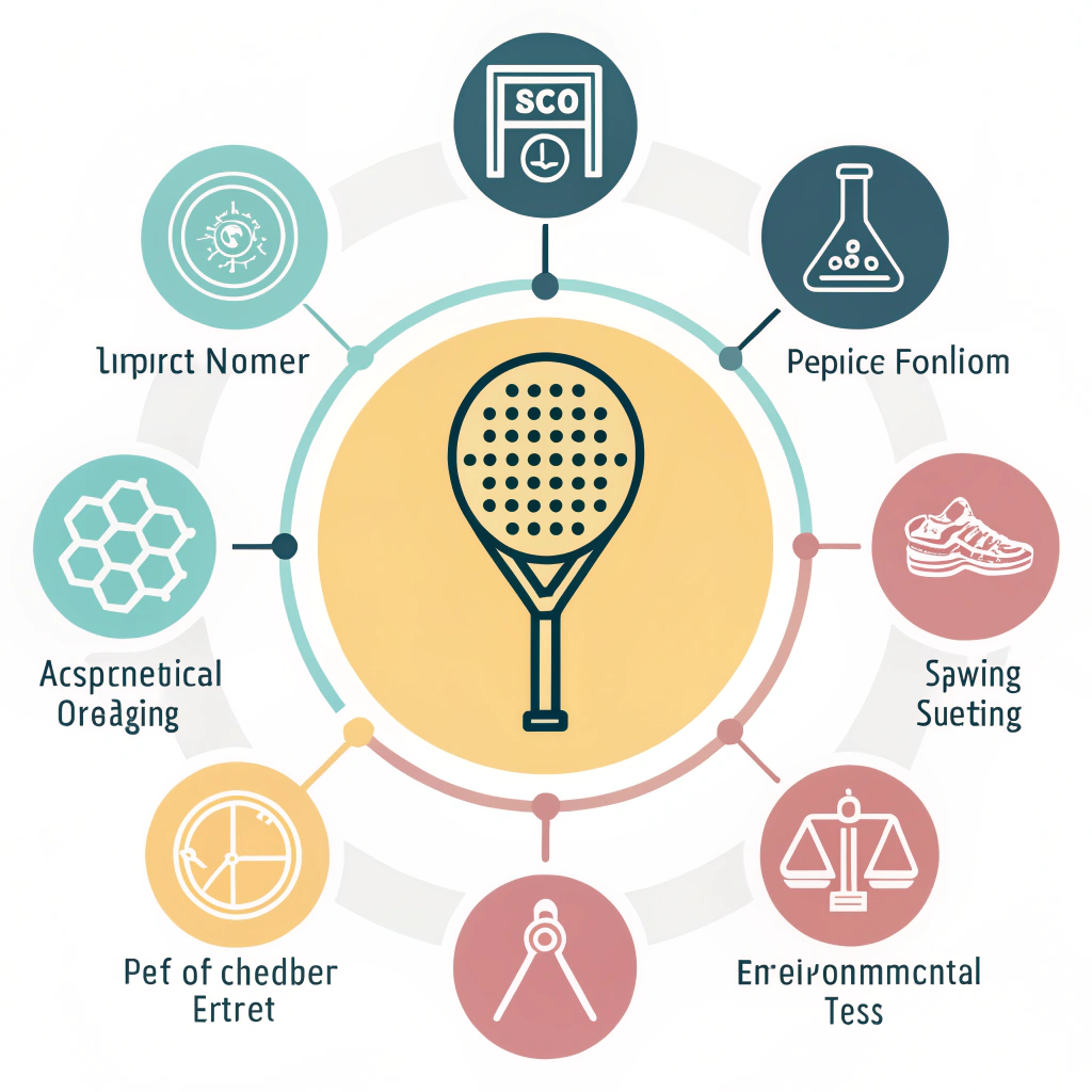 Minimal flat infographic of a padel racket surrounded by testing icons for durability and performance