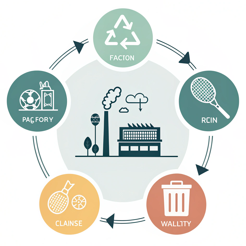 Flat infographic of racket lifecycle: carbon plant, resin VOCs, oven, trim waste