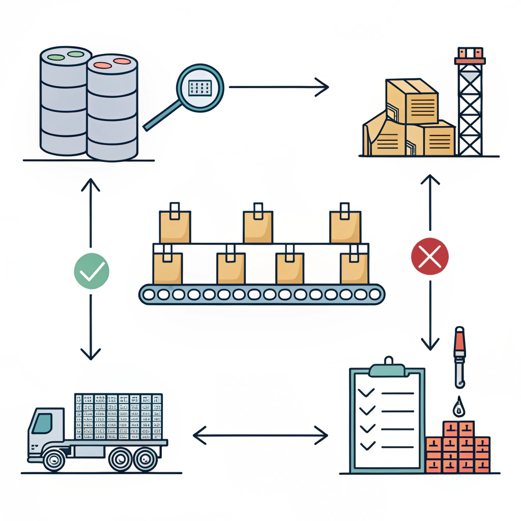 flat schematic of padel racket factory lines, quality check and shipping flow