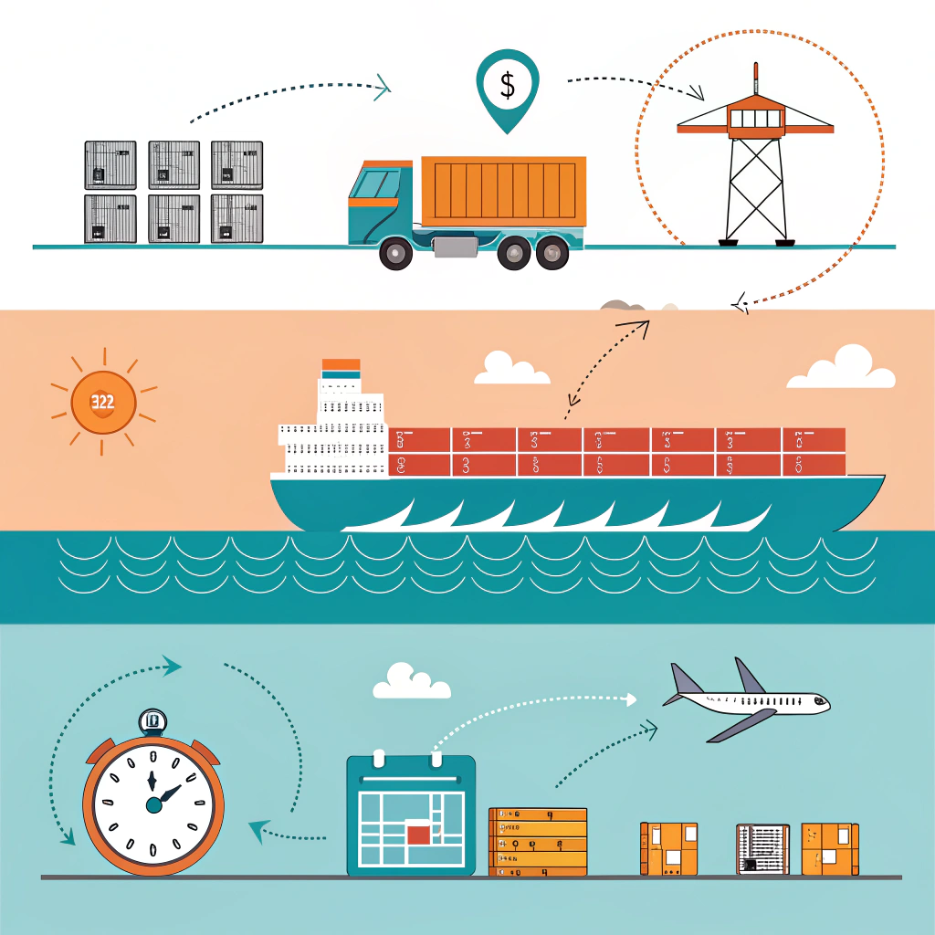 Minimal illustration of staggered shipments by truck, ship, and airplane for logistics