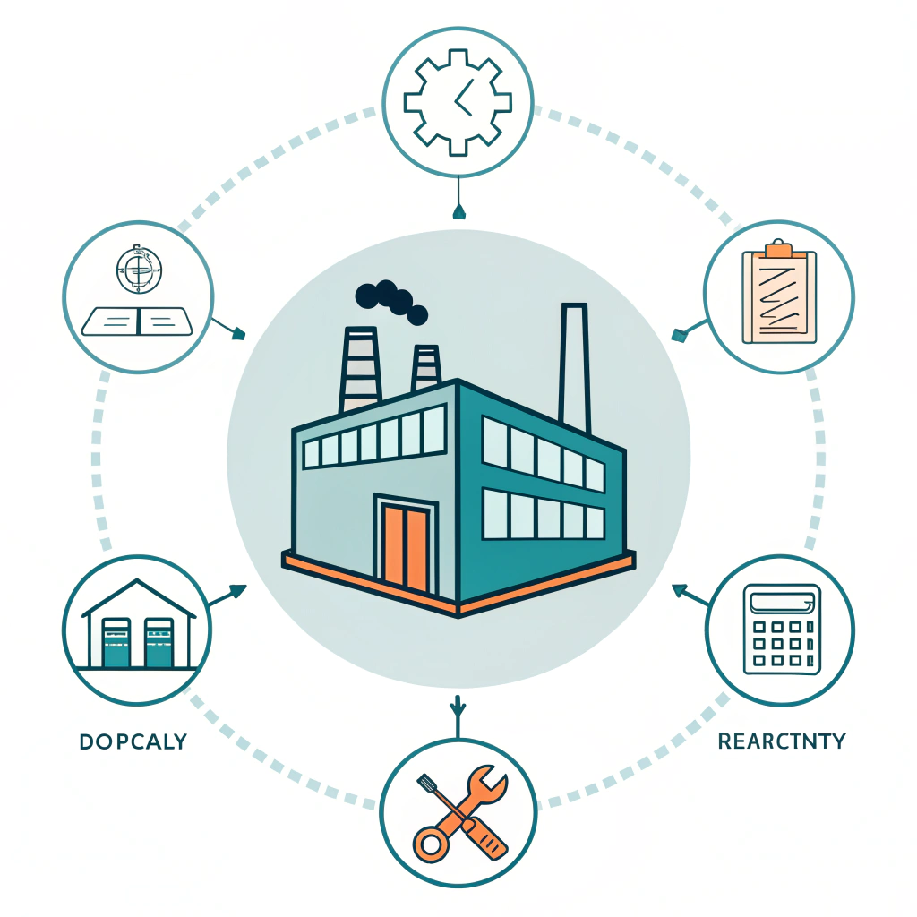 Minimalist factory illustration showing supply bottlenecks, inspections, and logistics delays