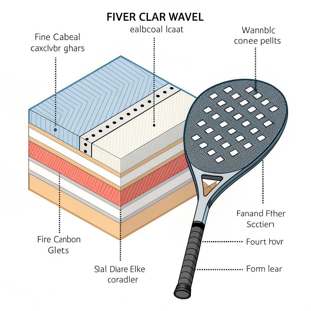 Minimal cutaway illustrating padel racket layers and core materials