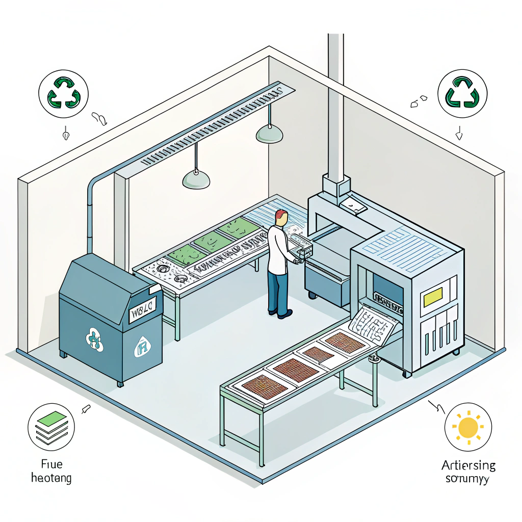 Minimal factory cutaway: layup table, oven, trimming scrap, ventilation, tablet nesting icon