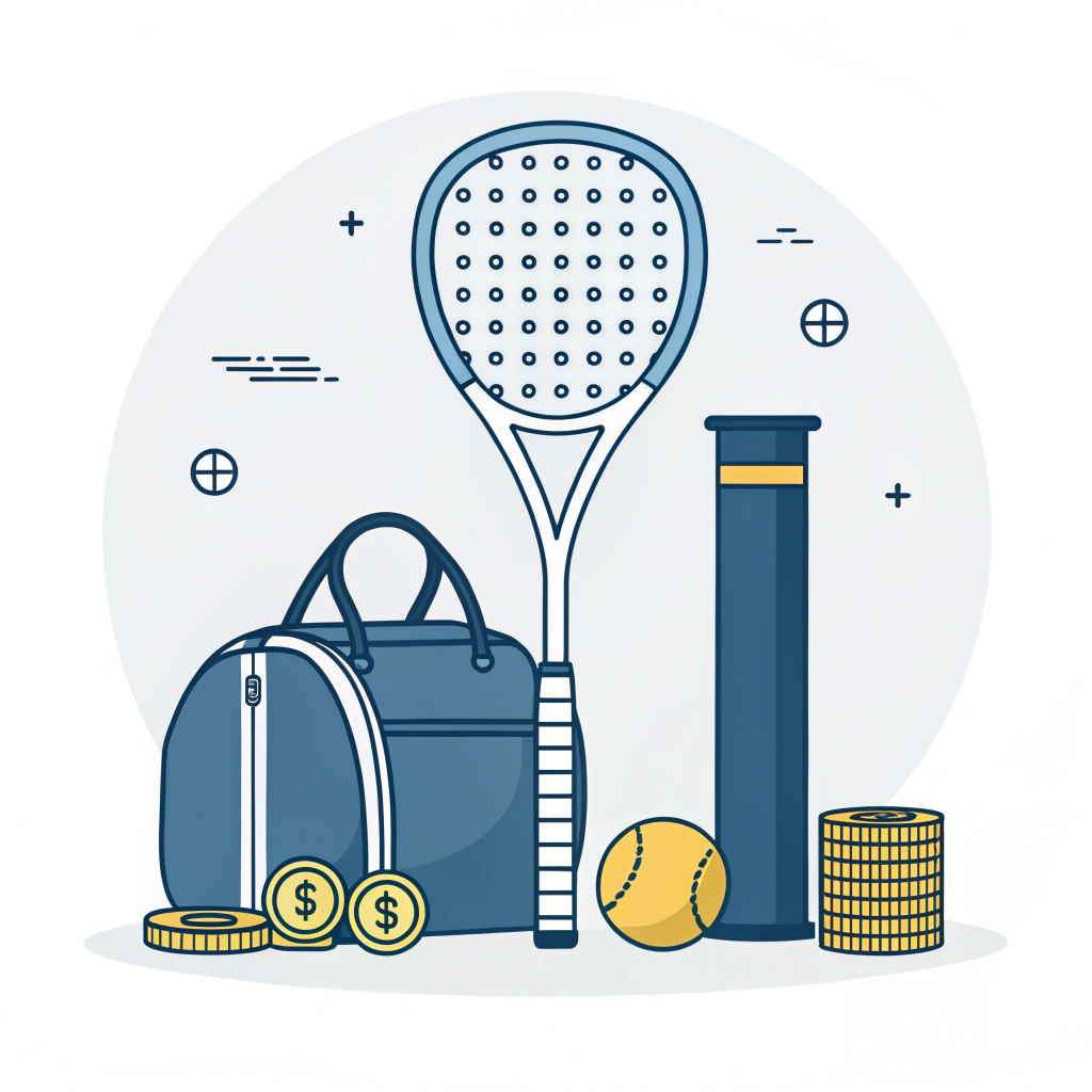 Minimal flat illustration of premium racket with accessories, larger coin stack and shield for lower returns
