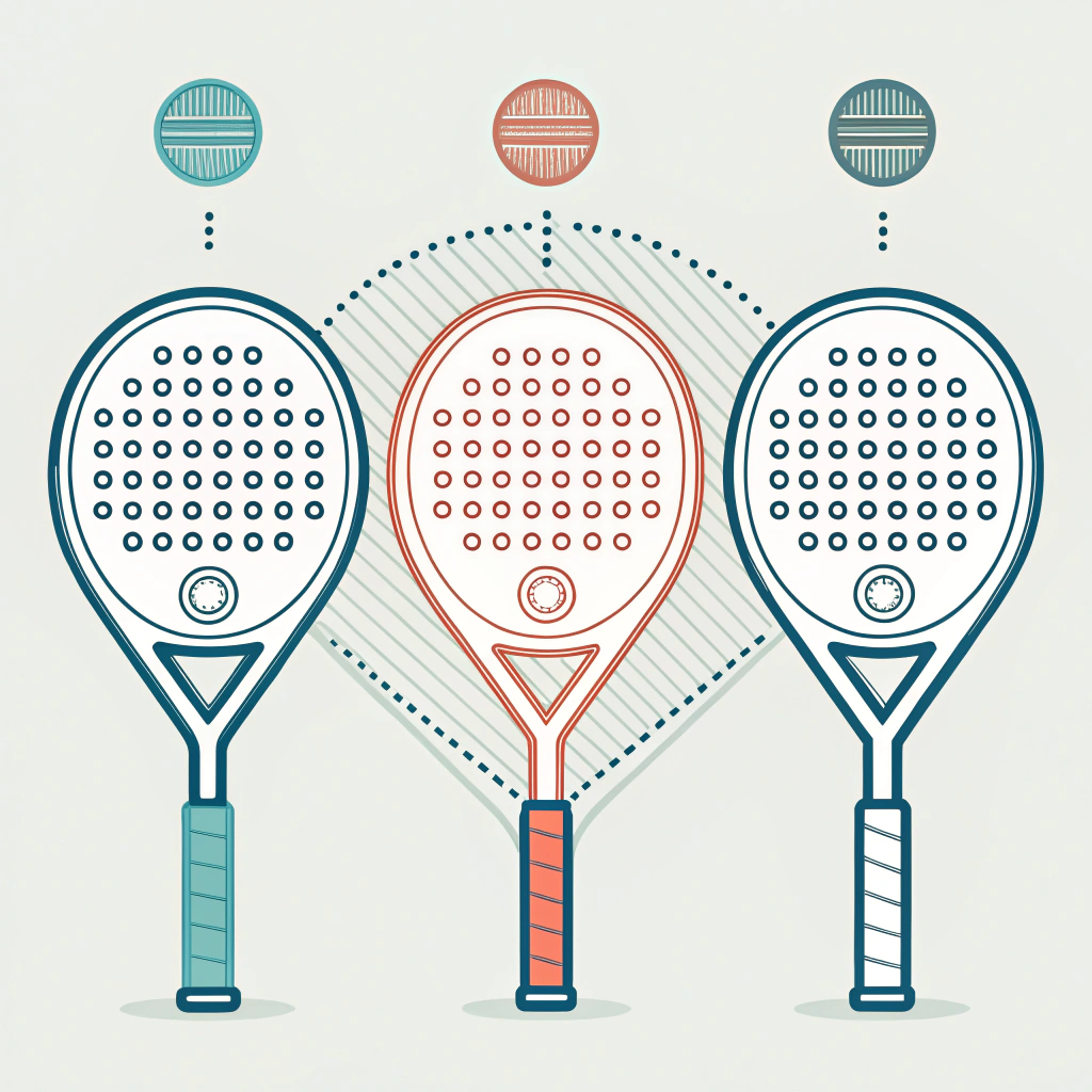 Three minimalist padel racket silhouettes (diamond, teardrop, round) showing balance point and highlighted sweet spots.