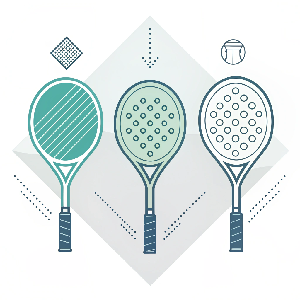 three simplified racket shapes with visual cues for power, balance, and damping