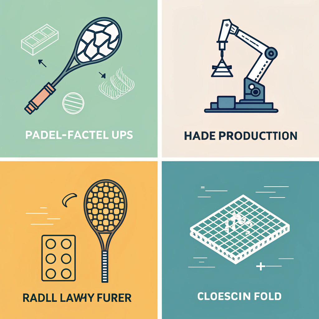 Minimal 2D infographic showing four padel manufacturing methods and process tradeoffs.