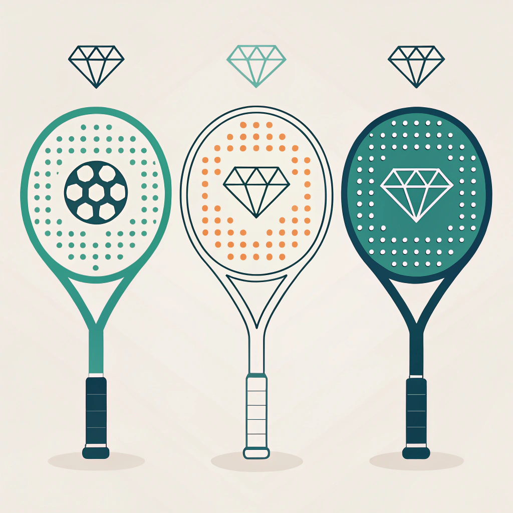 Flat vector of round, teardrop, and diamond rackets with highlighted sweet-spot positions