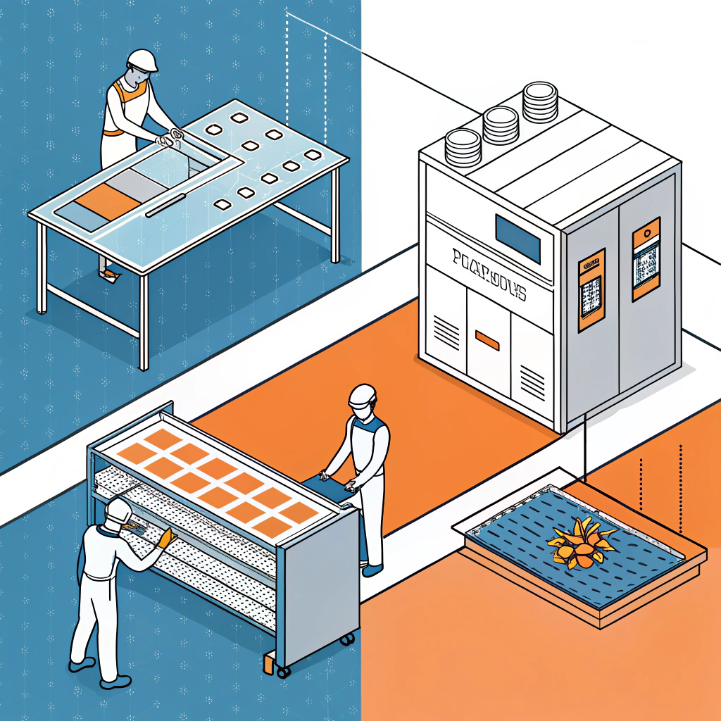 Simplified factory scene showing layup, curing oven, inspection, X-ray and impact testing