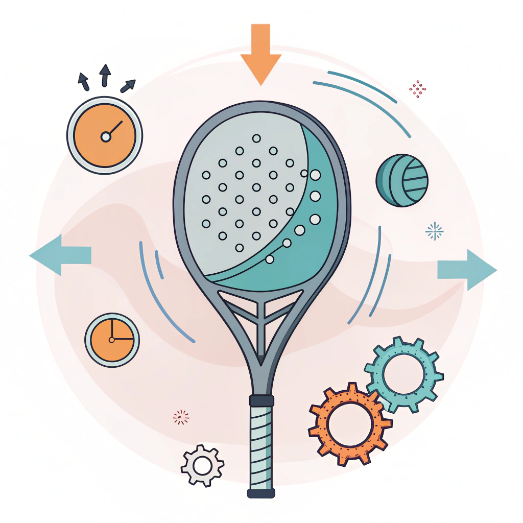simplified cross-section of a padel racket showing foam core, energy arrows, damping waves