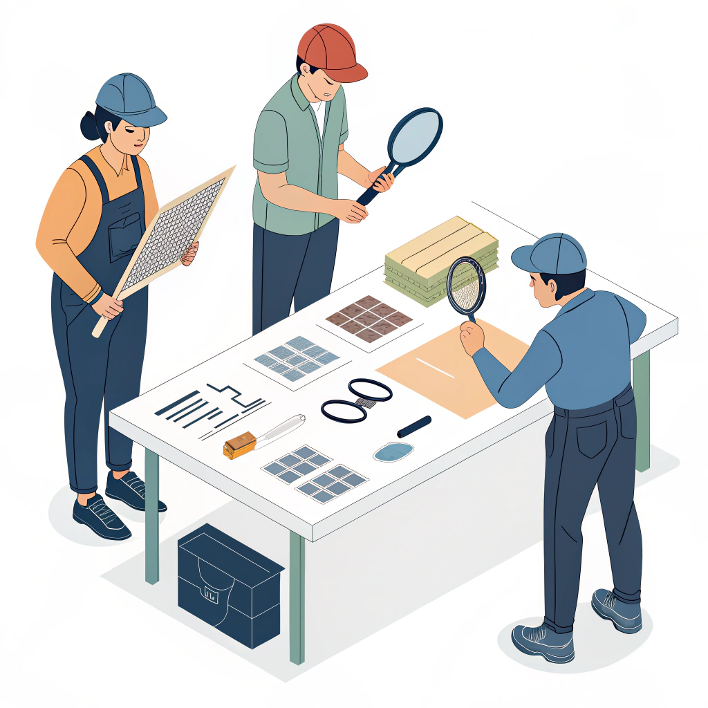 Team around table inspecting racket samples and material swatches during audit.