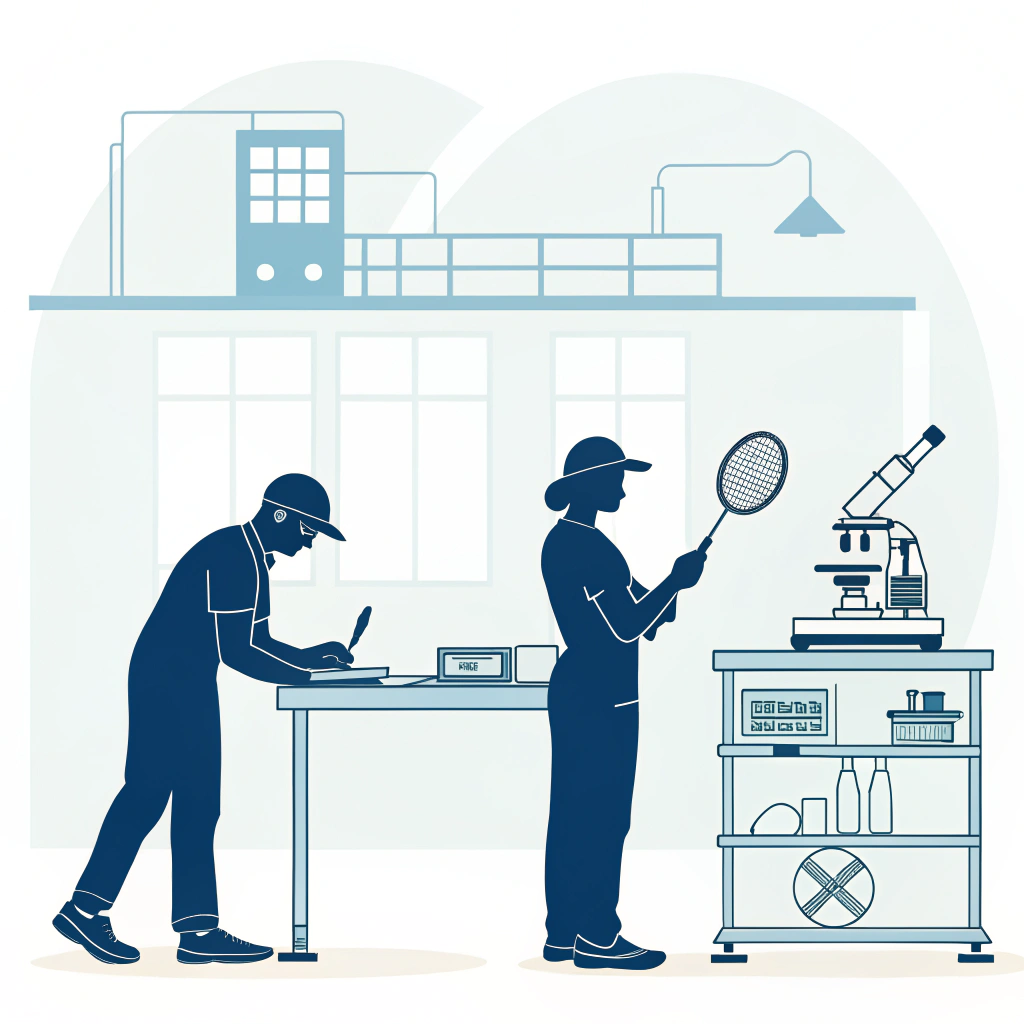 Minimal lab scene showing racket prototyping, testing equipment, and quality inspection