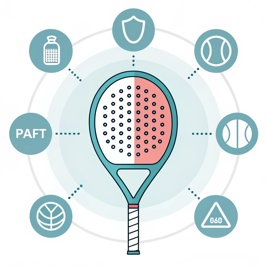 Minimal flat cross-section of racket core showing layered foam and property icons