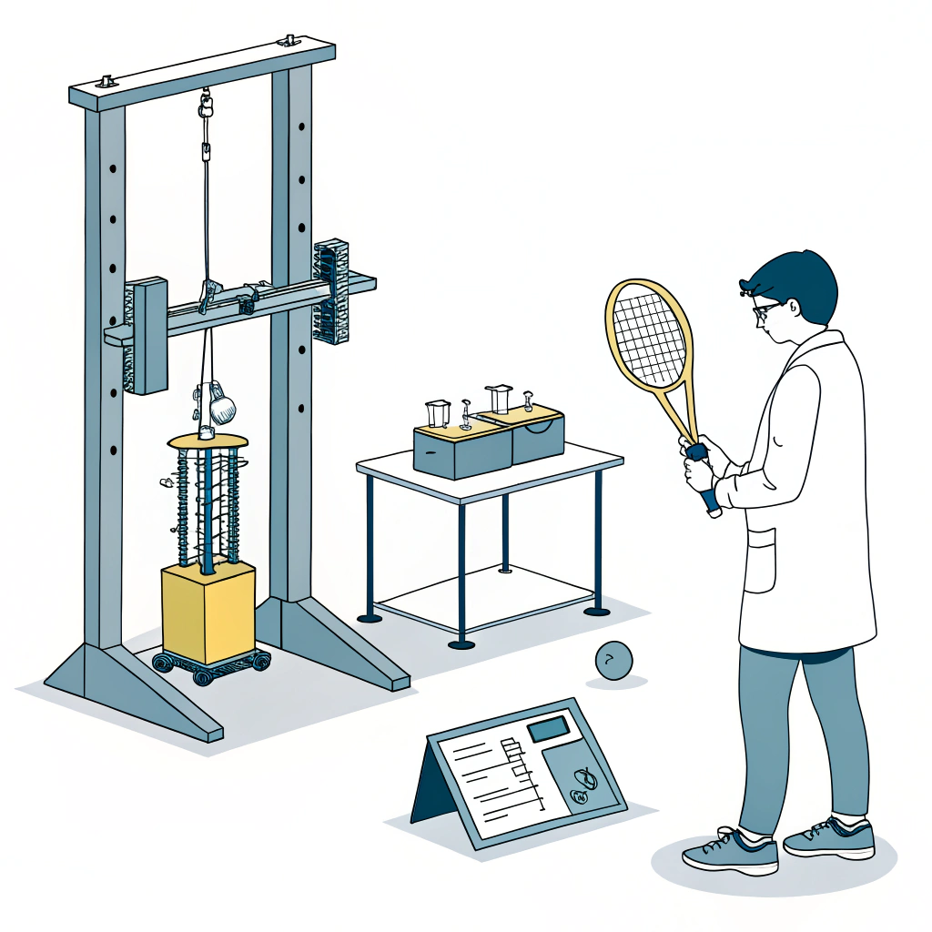 Simplified quality assurance lab showing balance, swing-weight, and impact testing stations for padel rackets