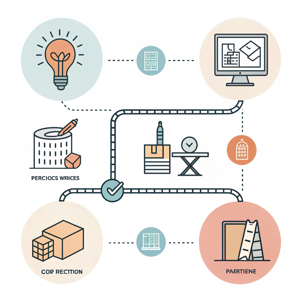 Minimal timeline showing stages from concept and CAD to prototype, finishing, and packaging