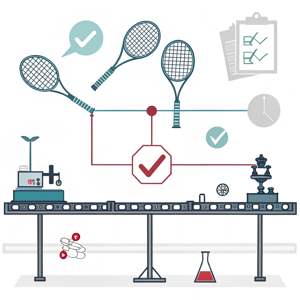 Flat illustration of padel racket quality control with scales, inspection, impact and lab testing.