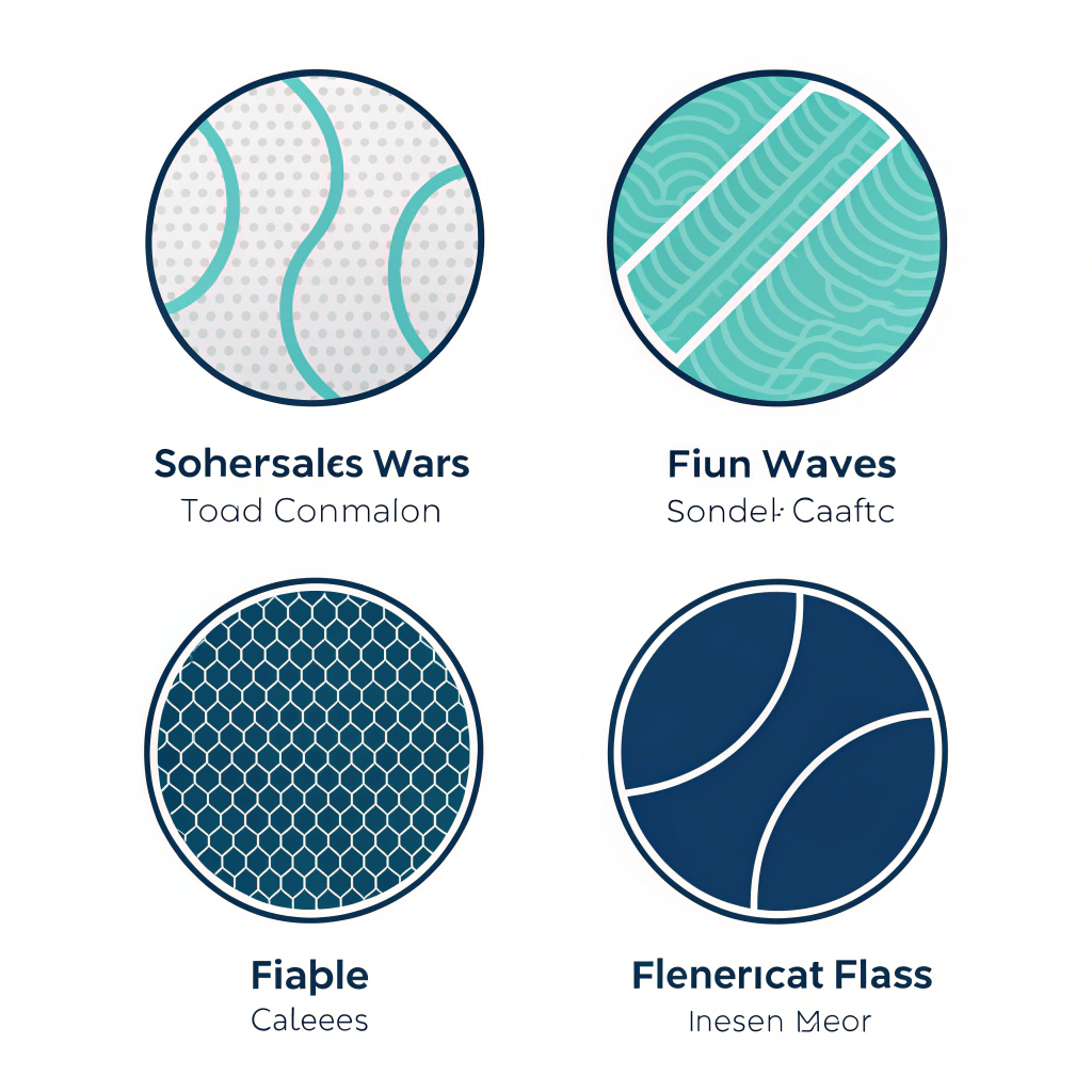 Four simplified racket face cutaways showing fiberglass and carbon weave differences