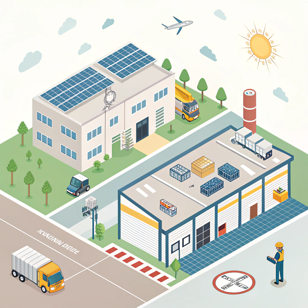 Flat illustration of factory with solar panels, curing ovens, recycling and certification badges
