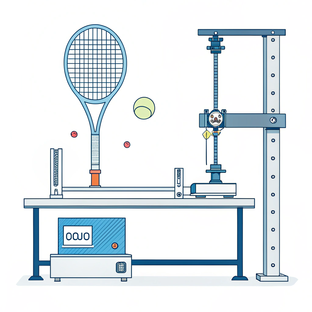 Minimal lab scene with racket bending rig, impact hammer, ball machine, three prototypes