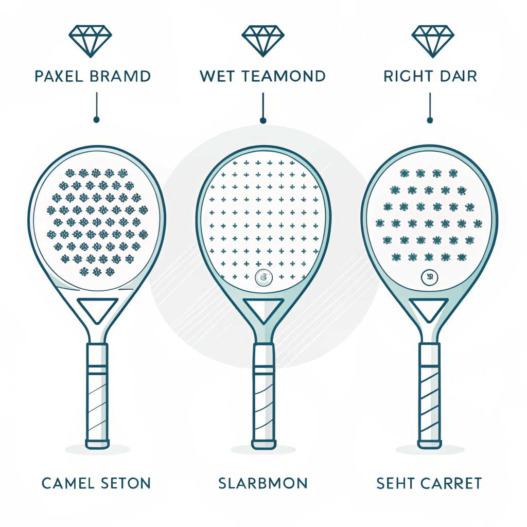 Three simplified padel rackets illustrating shape, sweet spot, and layered face materials