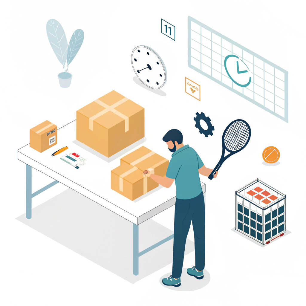 Minimal flat illustration of procurement reviewing racket samples, boxes, and color swatches