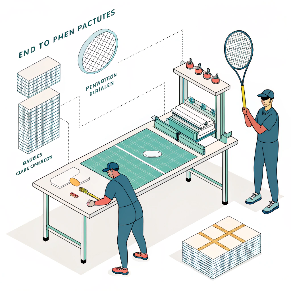 Flat 2D diagram of padel racket manufacturing stages from materials to packaging.