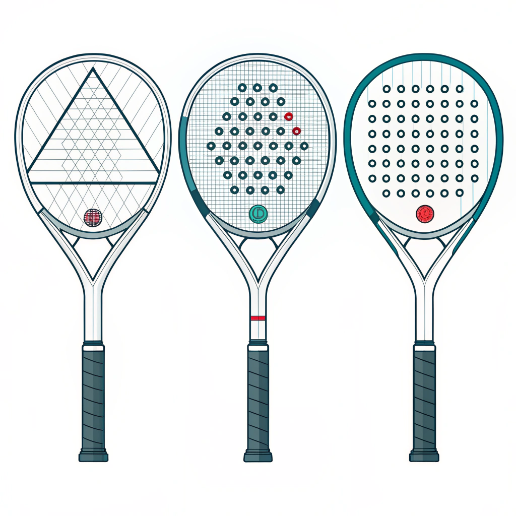 Three racket shapes with balance points and different surface textures