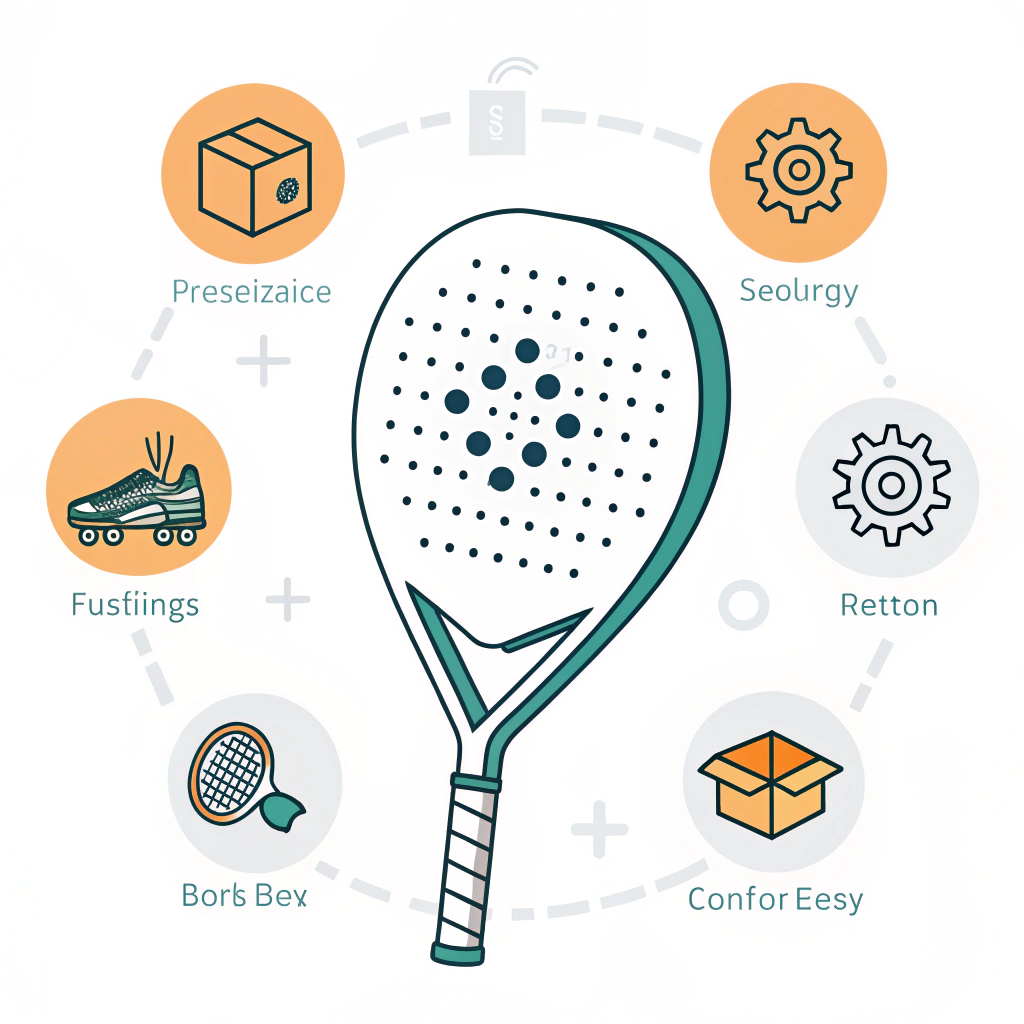 Minimal vector of padel handle surrounded by procurement and quality icons
