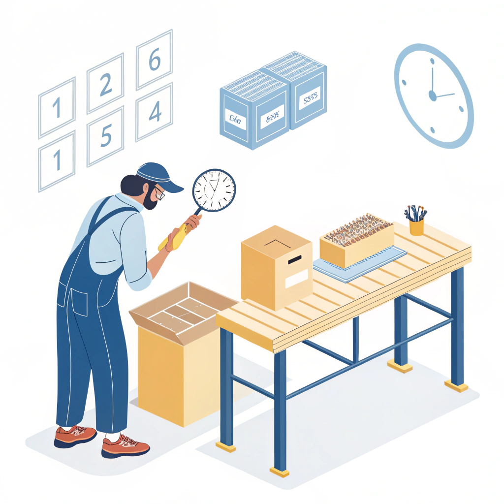 Flat illustration of prototyping bench, sample rackets, and assembly line for production