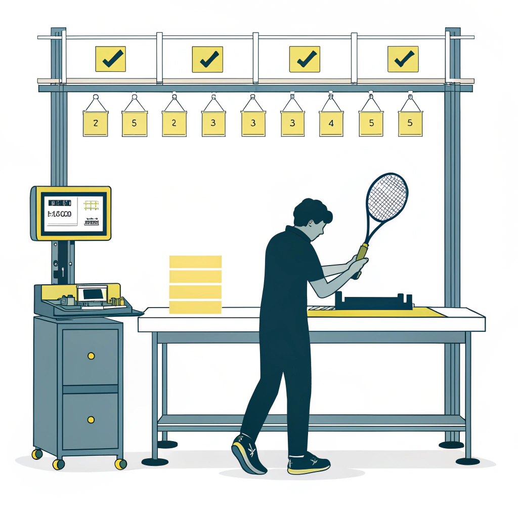 Minimal lab scene with racket inspection, impact and vibration testing, traceability icons
