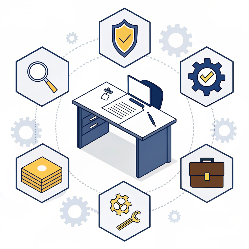 Stylized illustration of contract elements: tooling, inspection, IP protection, remedies, and golden sample.