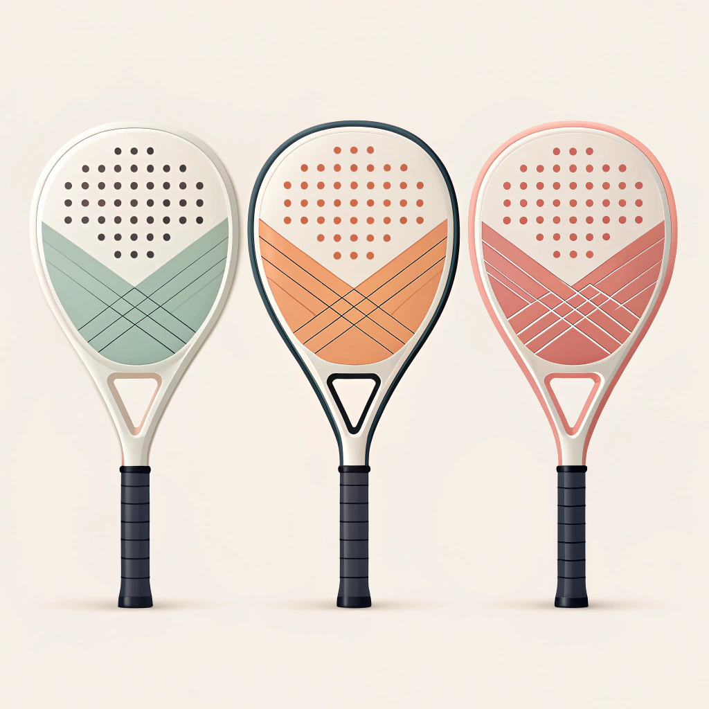 Three padel rackets showing fiberglass, carbon weave, and full-color finish