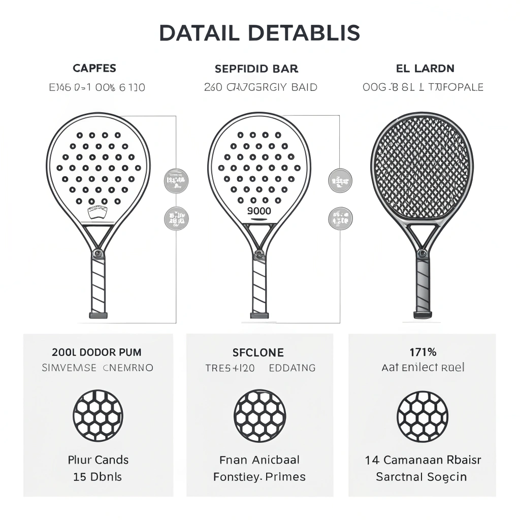 Multiple racket shapes, face textures, grip color samples and tooling silhouettes