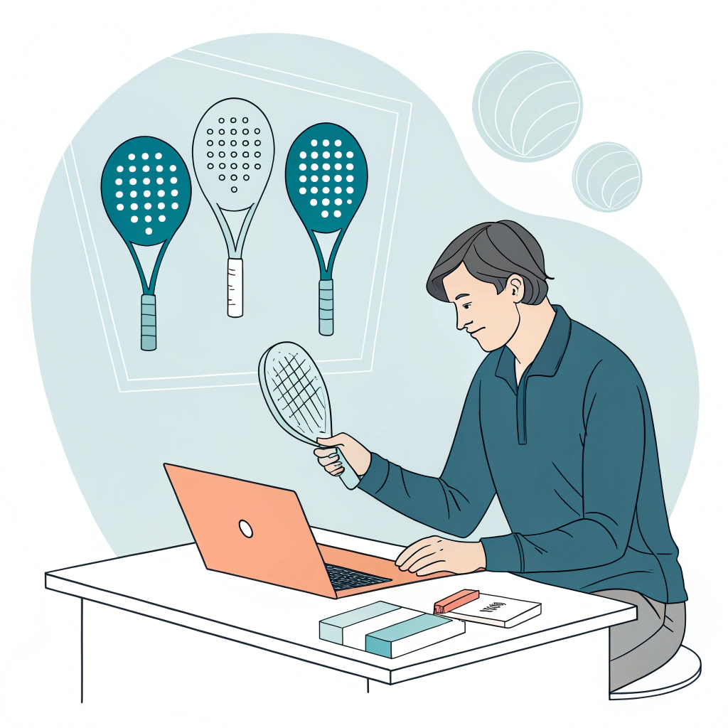 Minimal flat illustration of buyer comparing three padel grip samples on desk.