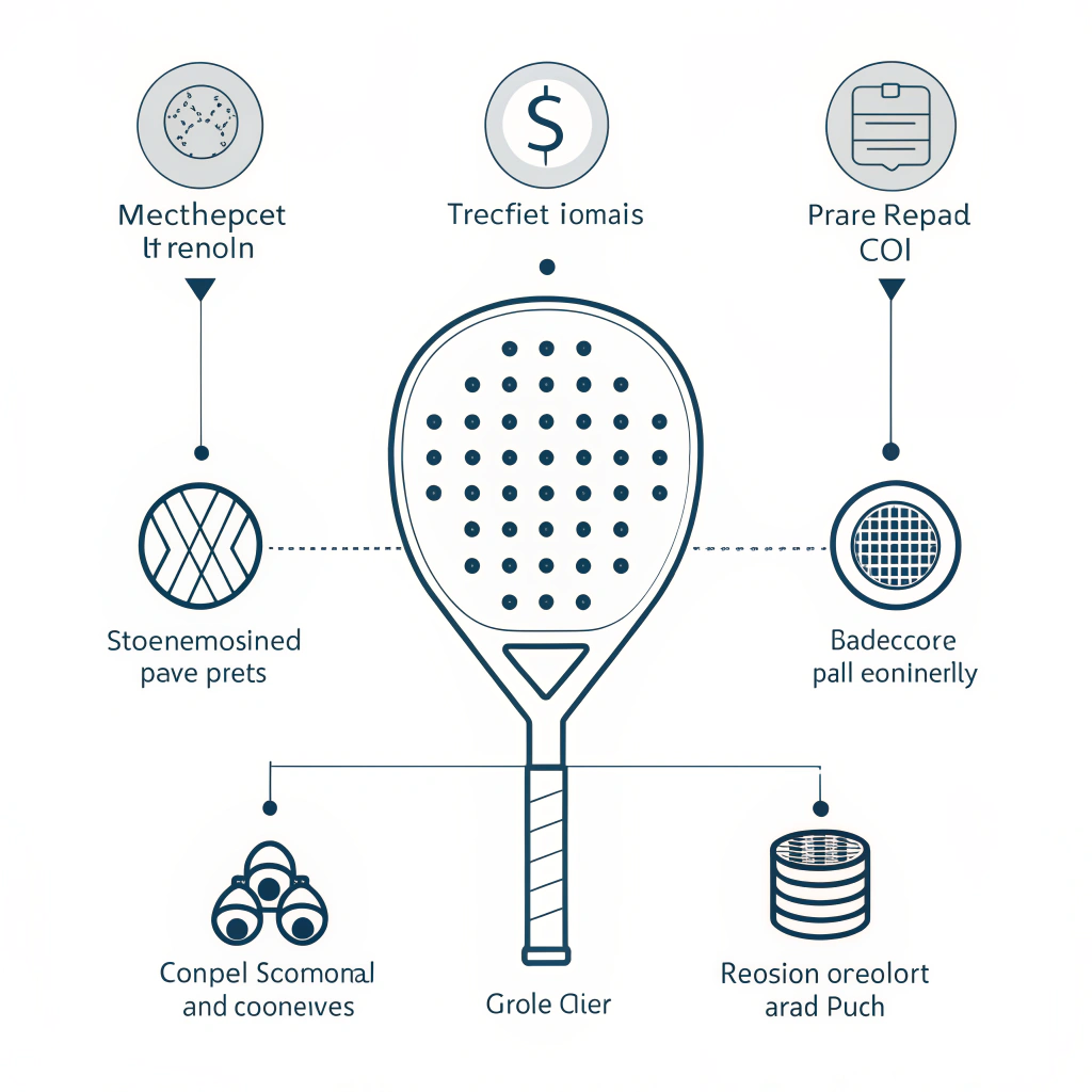 Five stylized racket faces showing different textures and spin/durability icons