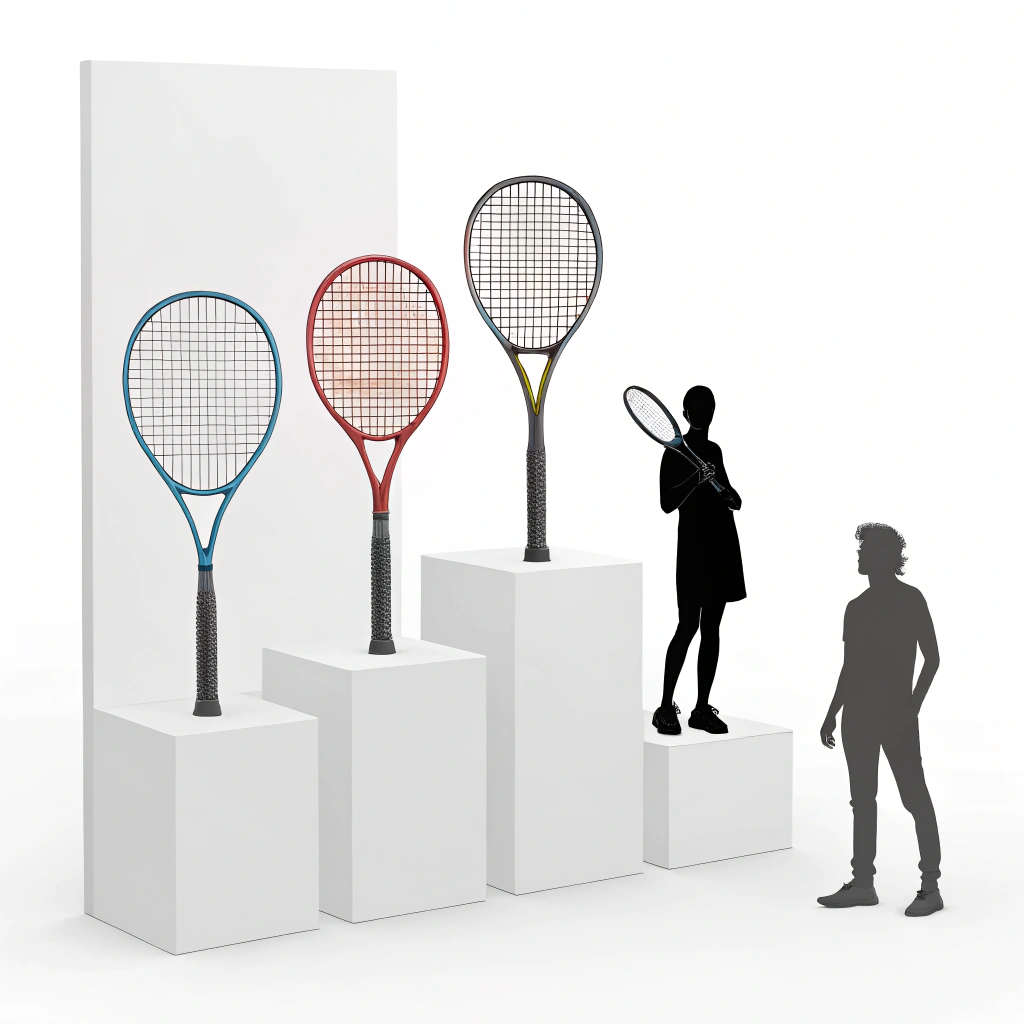 Product assortment display with three racket shapes and player silhouettes for beginners to advanced players