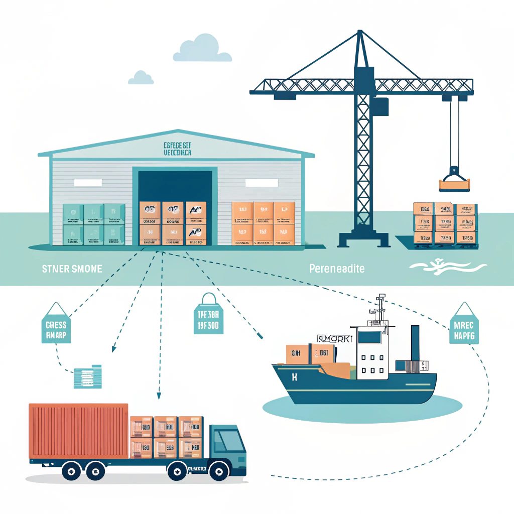 Container ship, crane, truck and warehouse showing consolidated pallets and packaged rackets