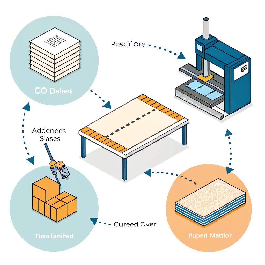 minimalist infographic of foam lamination, CNC cutting, and curing in manufacture