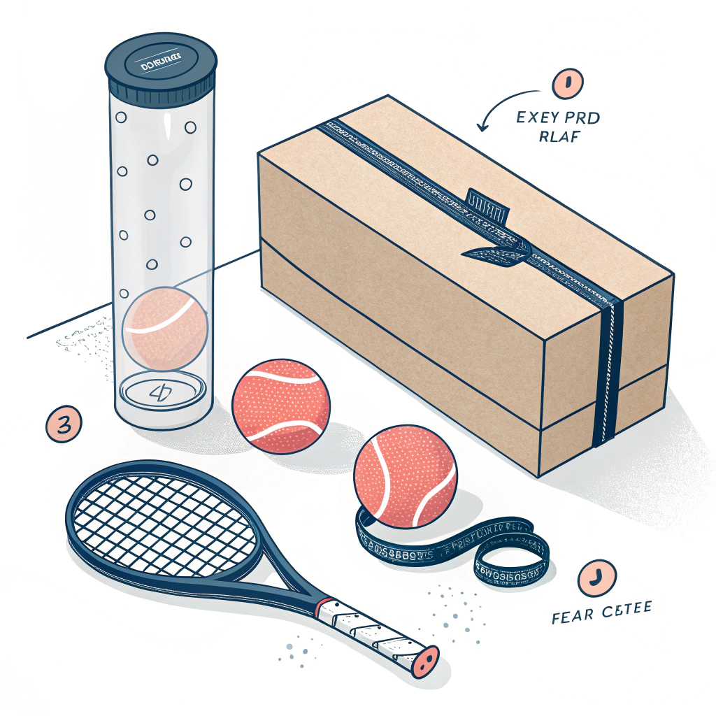 Flat bundle illustration: racket, custom box, three ball tube and spare grip packaging.