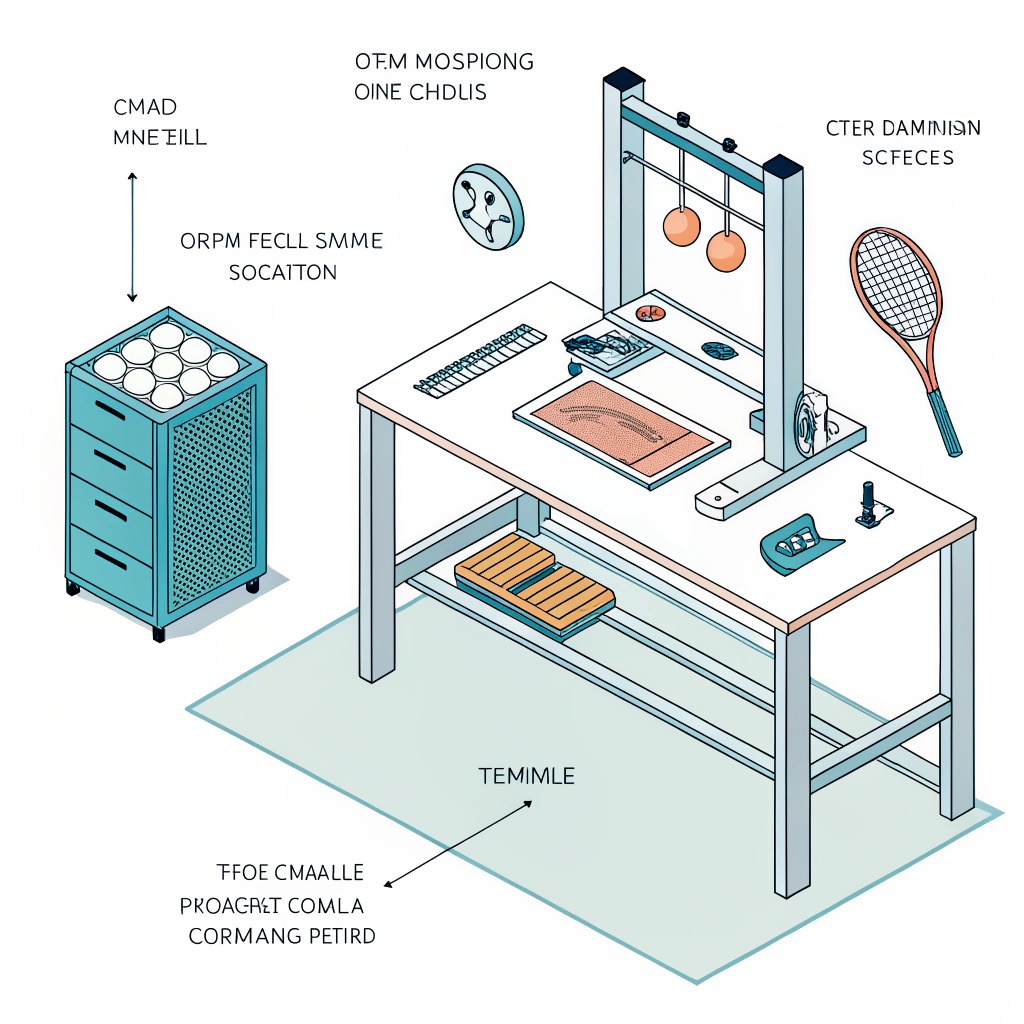 Minimal prototyping table with molds, carbon weave swatches, foam cores, and sample rackets.