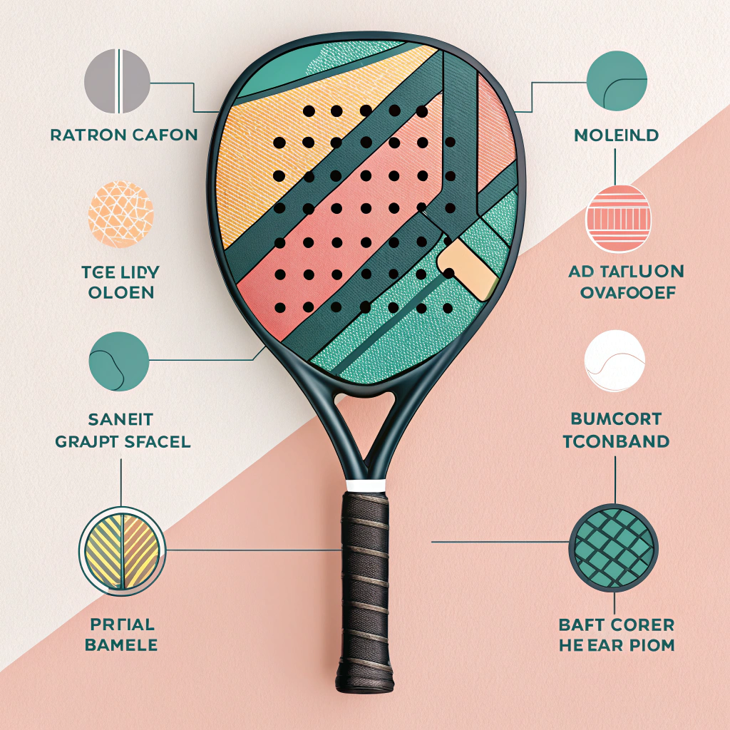 Flat illustration of racket printing, color swatches, custom grip and packaging mockups