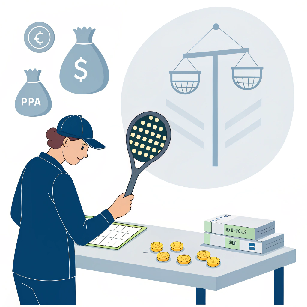 Buyer inspecting racket prototype with laminate cross-section and TCO-versus-warranty balance.
