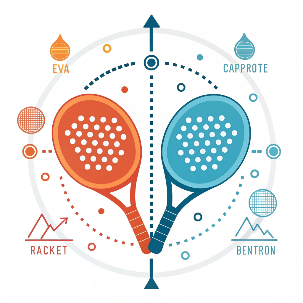 Side-by-side racket cross-sections showing firm EVA versus soft PE/PU cores.