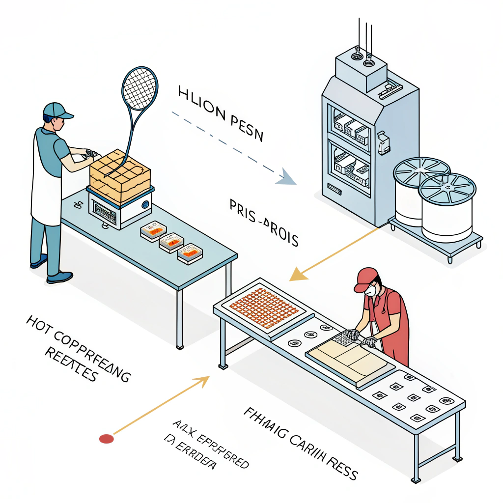 Flat illustration comparing vacuum infusion and compression molding production lines with QA testing.