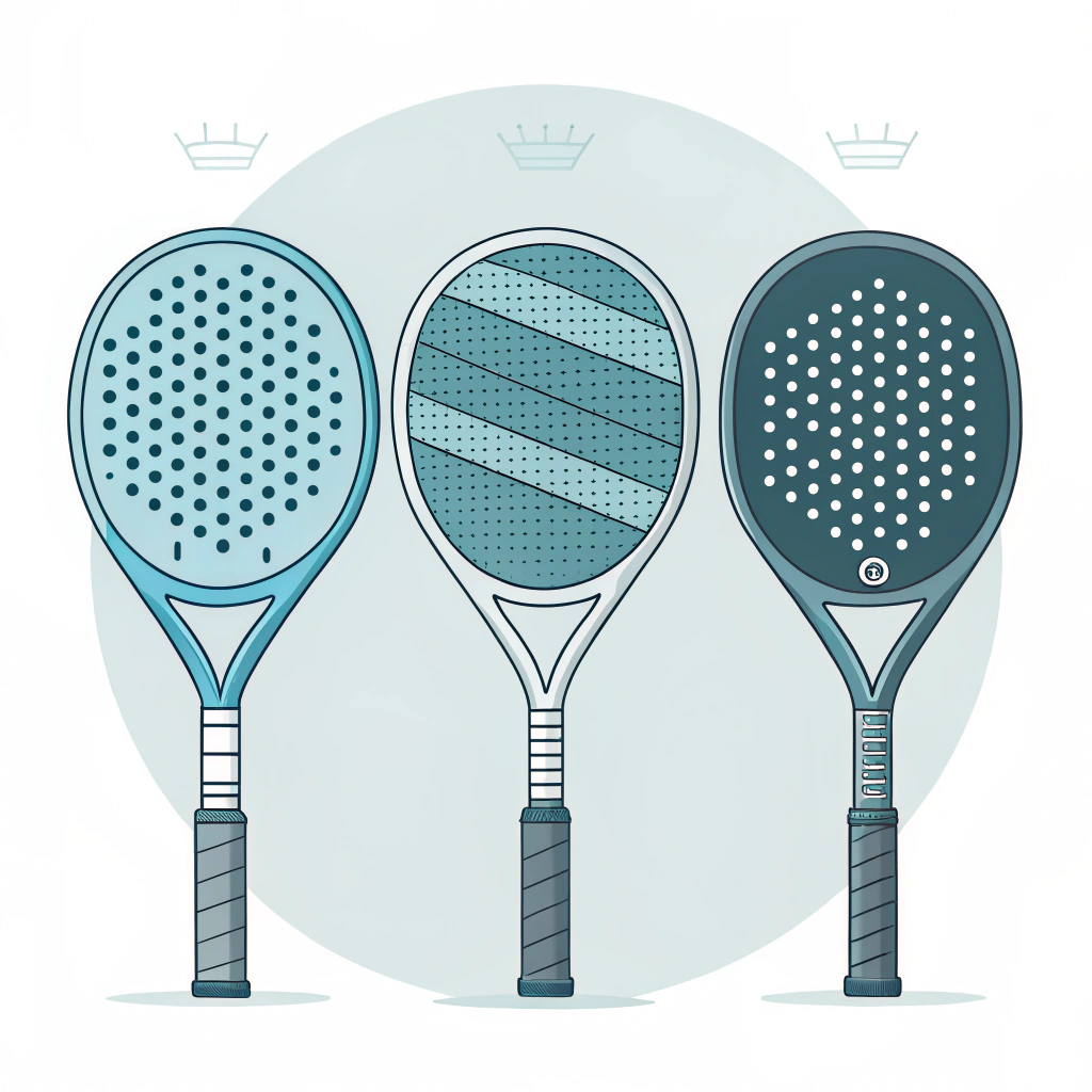 Minimalist illustration of three racket cross-sections comparing glass, hybrid, carbon