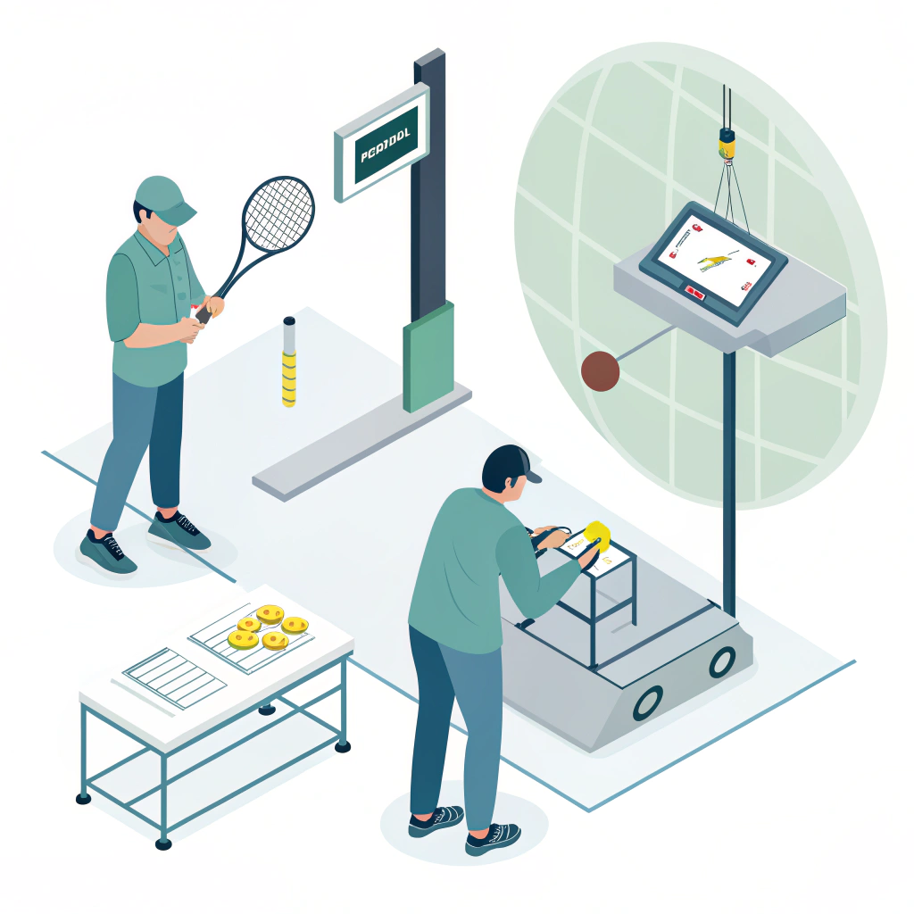 Minimalist illustration of padel racket quality control lab with measurement and impact testing icons.
