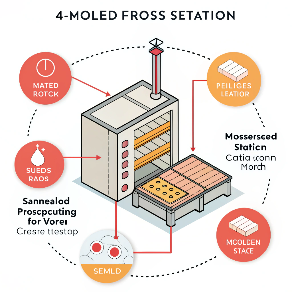 Simplified factory stations showing molding, degassing, bonding, and QC icons.