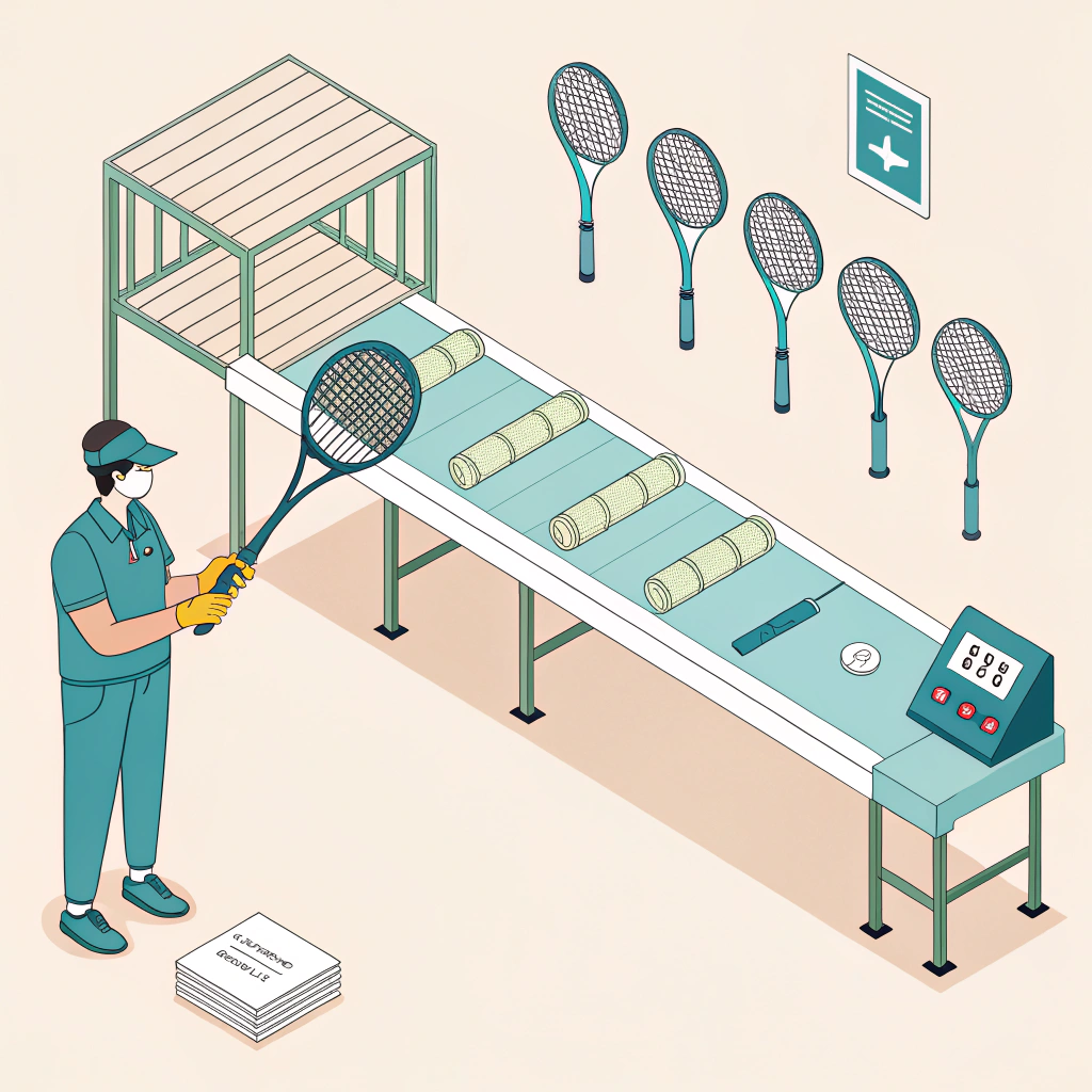 Minimalist factory scene showing inspectors checking padel rackets and materials