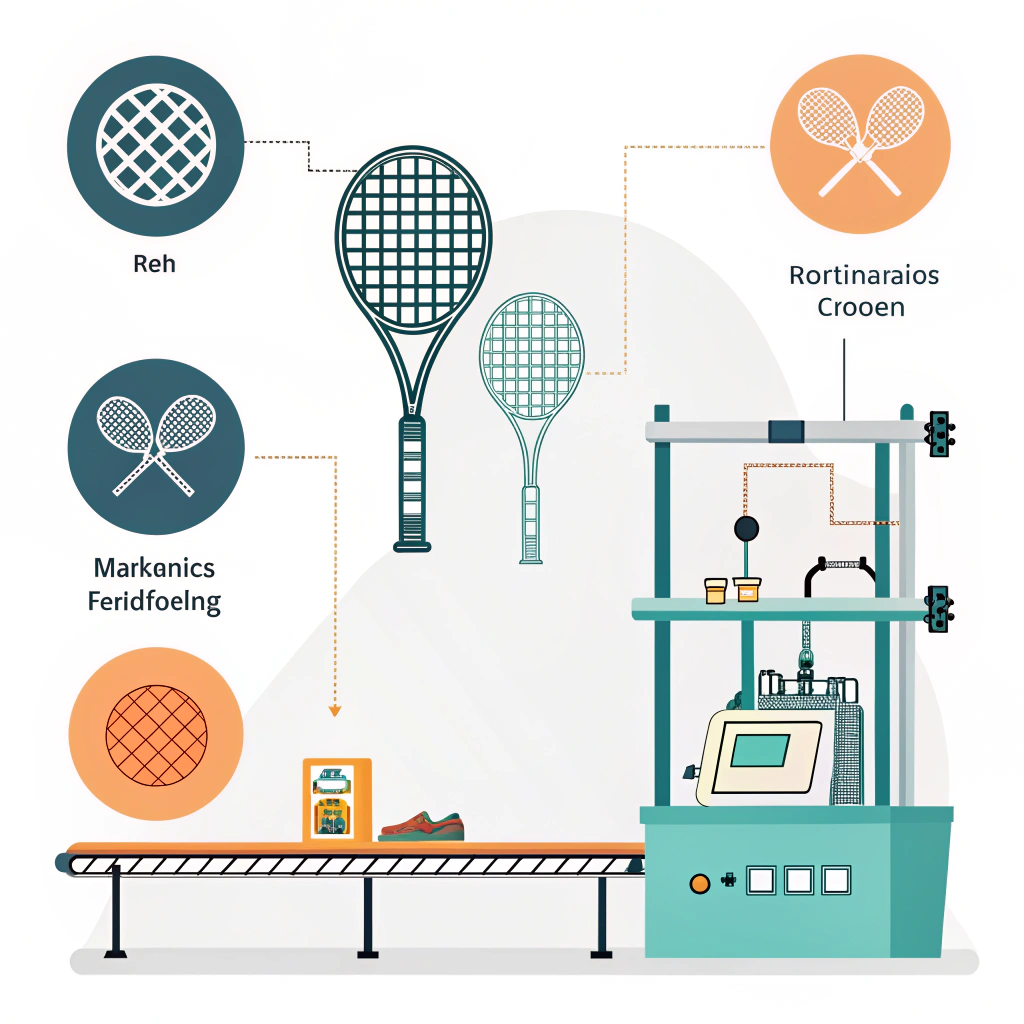 Minimal vector infographic showing padel OEM risks: materials, weight, cosmetics, bonding, lab gaps.