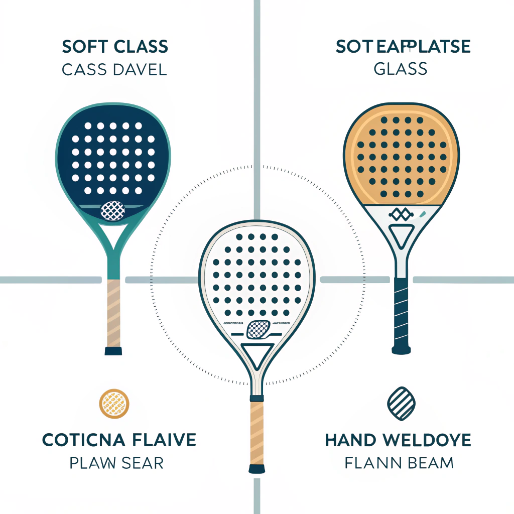 Flat grid of four racket face cutaways, EVA cores, QC lab icons, three prototype stages